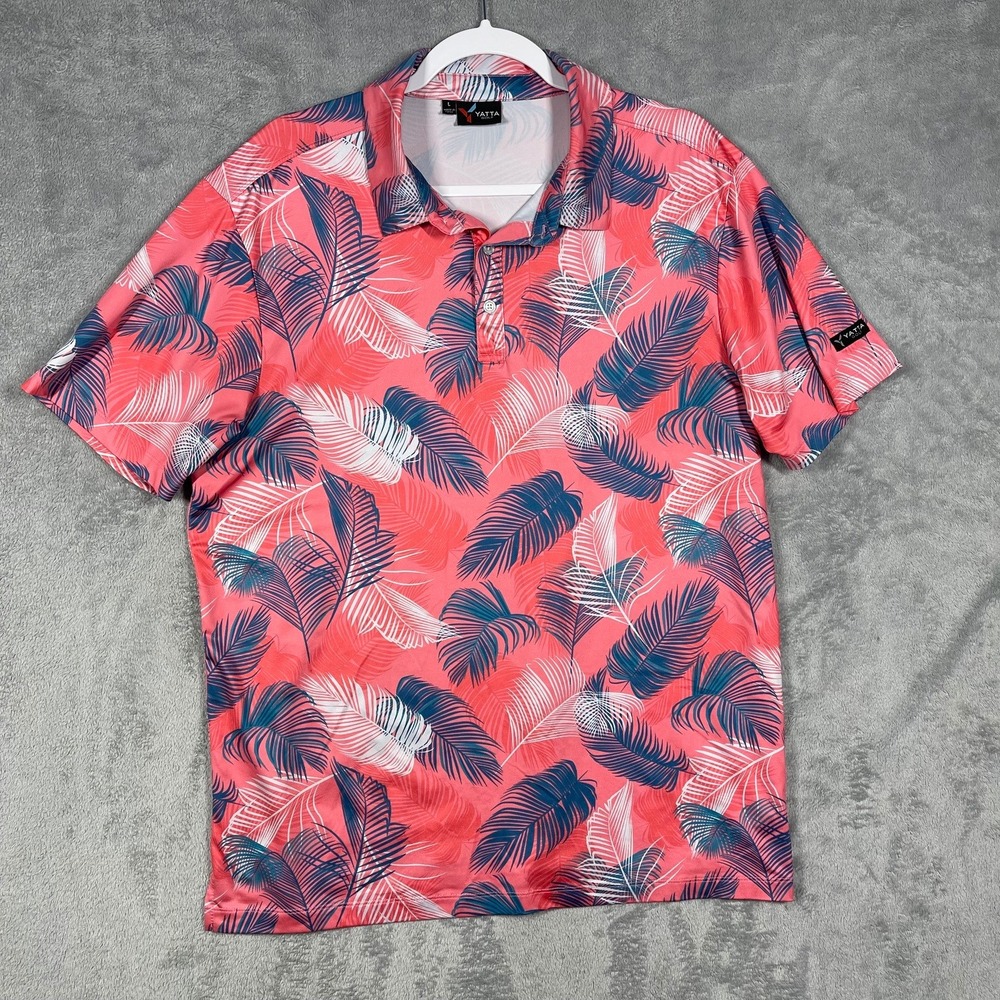 Yatta Golf Polo Shirt Mens Large Coral Blue Tropical Palm Leaf Performance Short